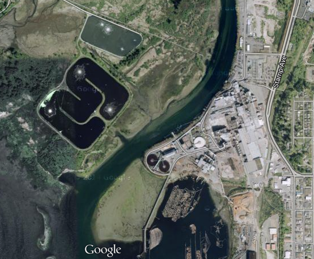 The Catalyst ponds are the larger dark ponds in the centre to the left of the river. The current city sewage pond is the lighter coloured pond at the top.