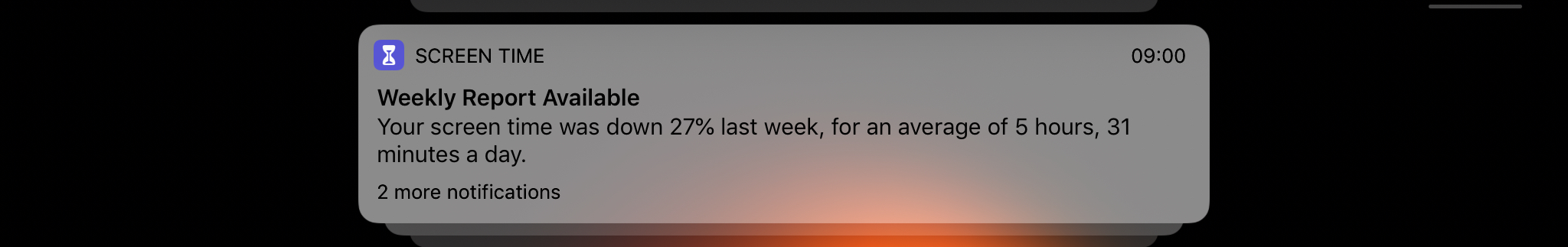 Weekly Screen Time Notification on iPad showing 27% down from last week, average 5 hours 31 minutes a day.